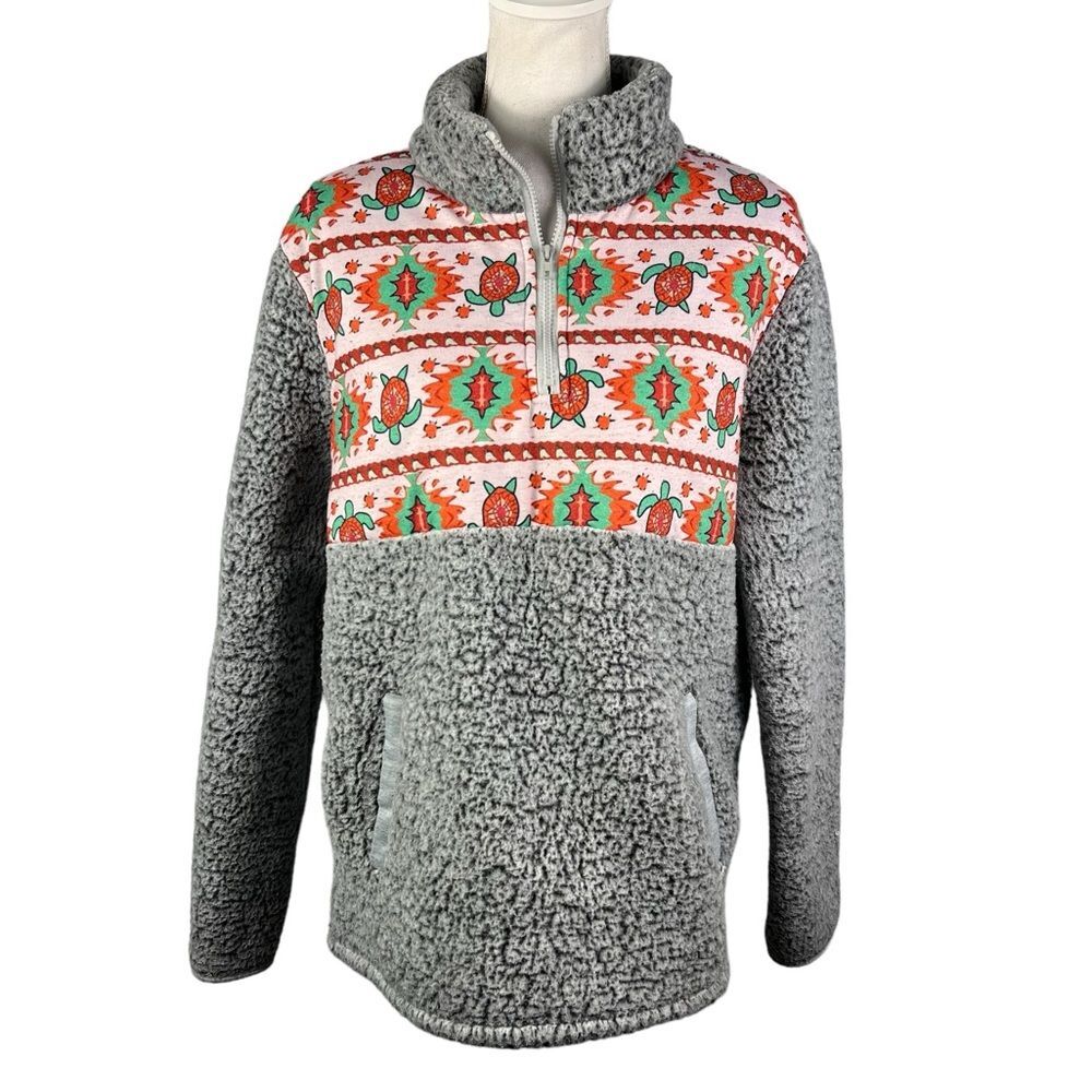 Southwest Turtle Fleece Quarter Zip Sweatshirt XL Gray Green Warm Cozy Pockets